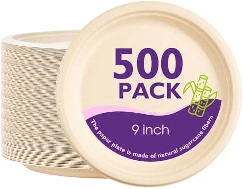 9 Inch 500 Pack Compostable Paper Plates Round Unbleached Brown Plates Made from Natural Sugarcane Fibers, Biodegradable Heavy Duty Disposable Plates for Party, Camping, Picnic by PACKINNO