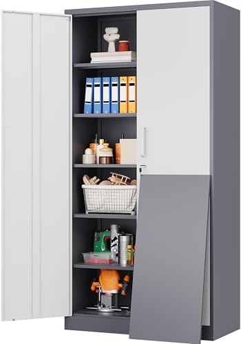 Wide & Deep Metal Storage Cabinet with 2 Doors and 5 Adjustable Shelves,72 inch Tall Locking Garage Storage Cabinet with Lock,Gray White Pantry Cabinets,Steel Cabinets for Home,Office,Garage 72x36x18 by SISESOL
