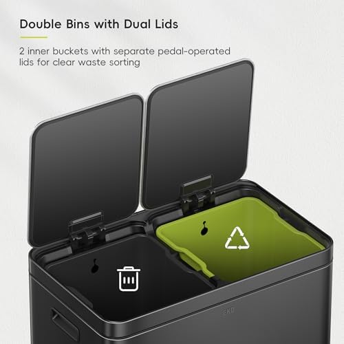 EKO Edison 8+8 Gallon Dual Trash Can for Recycling and Trash, Stainless Steel Kitchen Step Can with Dual Removable Inner Bucket, Independent Lids and Pedals, Black - Image 4
