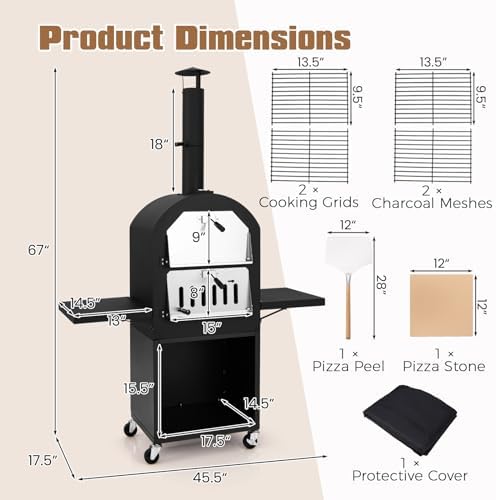 LDAILY Outdoor Pizza Oven, Wood Fired Pizza Maker with Side Shelves, Cooking Grids, Cover, Pizza Stone & Peel, Patio Portable Pizza Stove for Backyard, Camping & Party, Black - Image 6