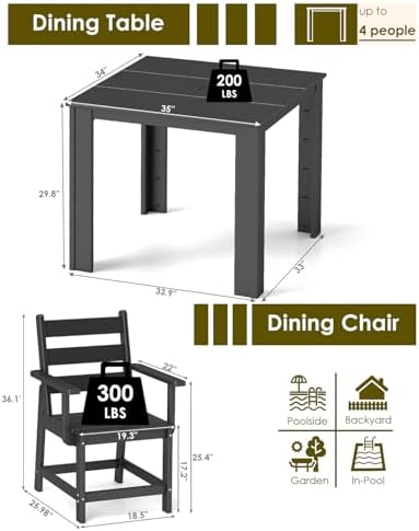 GREENVINES 5-piece Patio Dining Set, HDPE Square Table & 4 Armchairs, Black - Image 2