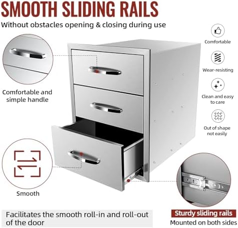 Outdoor Kitchen Drawers Stainless Steel, BBQ Drawer Inserts for Built-in Patio Grill Station, Triple Drawer, 18''W x 23''H x 23''D - Image 5