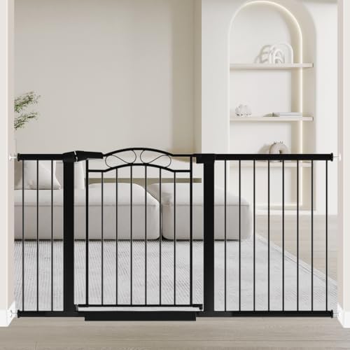 Fairy Baby 59.9"-62.5" Extra Wide Baby Gate with Door, 60 61 62 Inches Walk THR Baby Gates for Stairs Pressure Mounted no Drill, Indoor Tension Metal Child Pet Dog Safety Gate for Kids, Black by FairyBaby