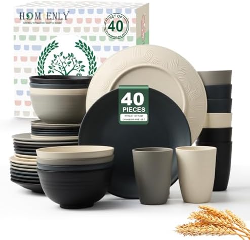 Homienly Kitchen Wheat Straw Dinnerware Set 40 PCS - Dinner Plates, Cereal Bowls, Wheat Straw Cups Set, Microwave and Dishwasher Safe Dishes Set, Unbreakable Dish Set for Party, Outdoor(Grey Stone) by HOMIENLY