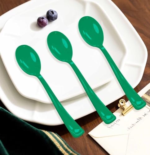 SietDESEO 50 PCS Green Plastic Spoons Disposable Utensils Heavy Duty Green Spoons Disposable Cutlery for Birthday Wedding Baby Shower Bridal Shower Plastic Silverware - Image 5