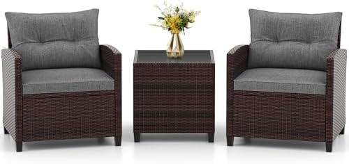 RELAX4LIFE 3-Piece Patio Furniture Set - Wicker Bistro Conversation Set w/2 Cushioned Armchairs & Glass Topped Table, Outdoor Rattan Sofa for Porch Balcony Poolside (Grey) by RELAX4LIFE