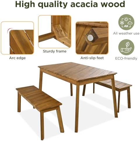 Harper & Bright Designs GO 3 Pieces Acacia Wood Table Bench Dining Set for Outdoor & Indoor Furniture with 2 Benches, Picnic Beer Table for Patio, Porch, Garden, Poolside, Natural - Image 3