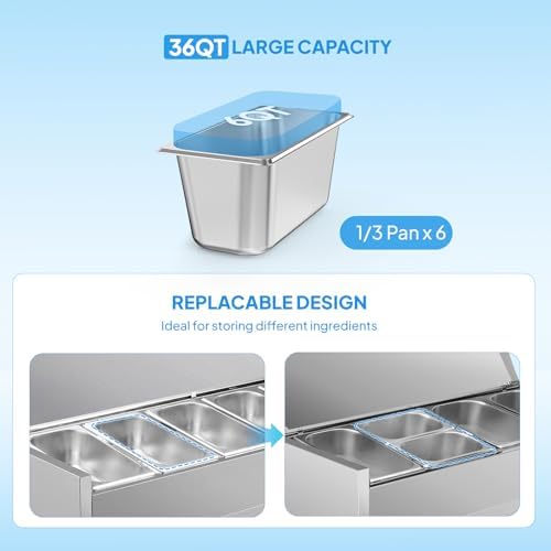 ROVSUN Refrigerated Condiment Prep Station, 59" Sandwich Prep Table ETL NSF, 34.2QT Salad Bar Prep Rail w/Auto Defrost, Temp Control, Stainless Steel Cover & 6 * 1/3 Pan for Restaurant Food Truck - Image 5
