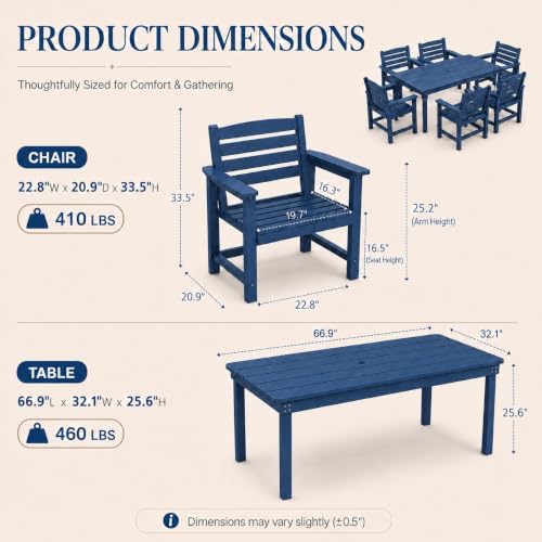 7 Pcs Outdoor Patio Dining Set, HDPE Table & Chairs with Umbrella Hole - Image 3