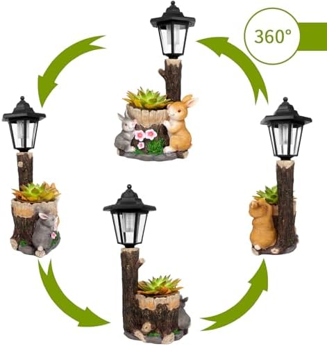 Solar Bunny Statue Outdoor, Rabbits Figurine with Flowerpot & Lantern - Image 2