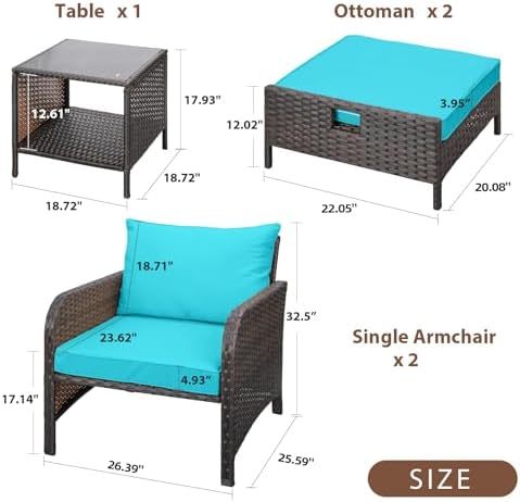 LEVELEVE Balcony Furniture 5 Piece Patio Conversation Set, PE Wicker Rattan Outdoor Lounge Chairs with Soft Cushions 2 Ottoman&Glass Table for Porch, Lawn-Brown Wicker - Image 2
