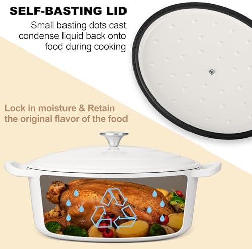 E-far 7QT Oval Dutch Oven Pot with Lid, White Enameled Cast Iron Dutch Oven - Image 5