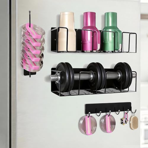 Strong Magnetic Stanley Cup Holder for Fridge, 2 Pack Magnetic Water Bottle Holder for Fridge with 1 Lid Rack & 6 Hooks, Space-Saving Storage Rack for Kitchen Fridge, Black by Unknown