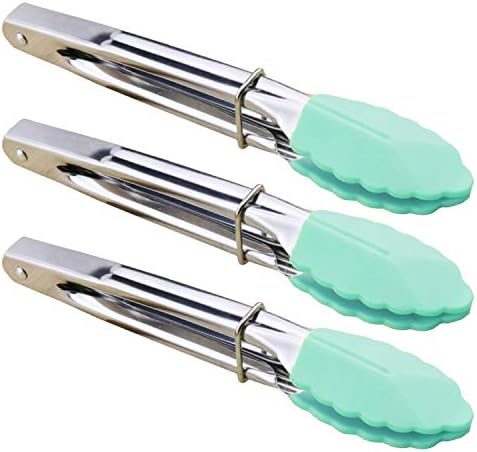 HINMAY 7" Stainless Steel Food Tongs with Silicone Tips, Set of 3 (Mint) by HINMAY