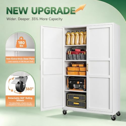 Letaya Metal Garage Storage Cabinet with Wheels,Wide Tool Locker,71”H,White - Image 4