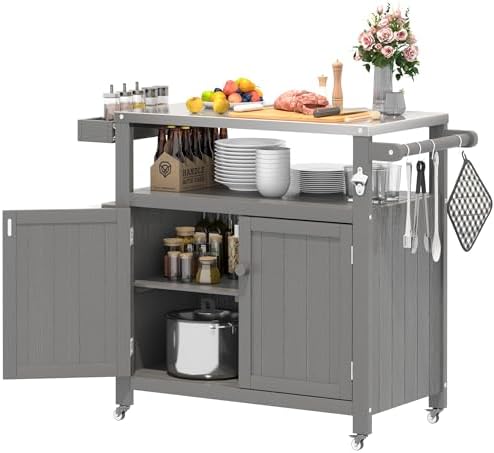 Weatherproof HIPS Outdoor Kitchen Island with Stainless Steel Top & Storage Cabinet, Movable Prep Table with Wheels for BBQ Food Prep, Outdoor Grill Cart for Parties, Grey by Sunnibety
