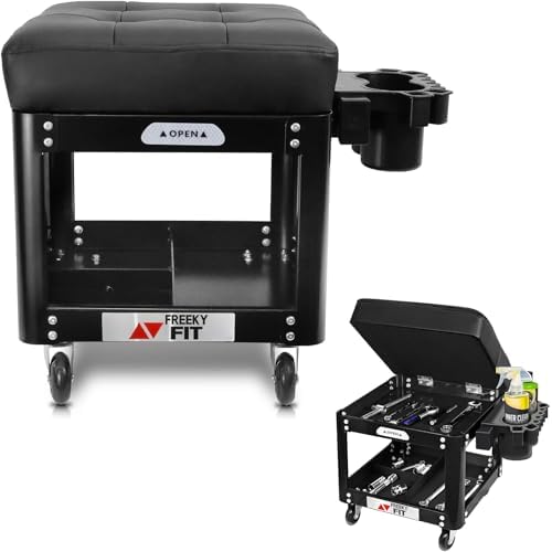 Rolling Creeper Garage Shop Seat for Men, Padded Mechanics Stool with Tool Tray Storage for Garage, Rolling Workshop Stool with Wheels, Auto Creeper Seat, 330 LBS Capacity, Heavy Duty, Black by FreekyFit