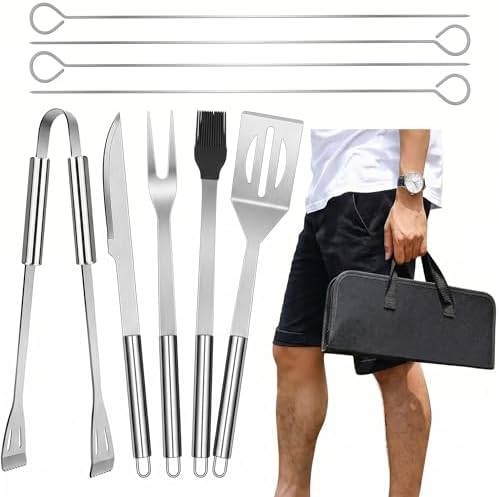 9-Piece Stainless Steel BBQ Tool Set with Carry Bag, Grill Utensils Kit with Spatula, Fork, Tongs, Knife, Skewers, Oil Brush for Outdoor Grill, Camping, Tailgating, Cookouts, BBQ Gifts by Unknown