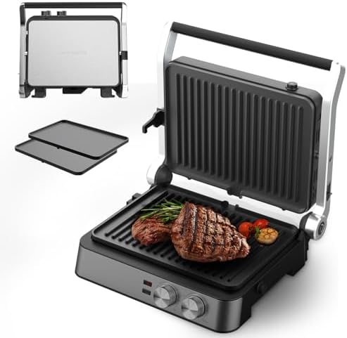 Panini Press,4 Slices Contact Grill with Removable Non-Stick Coated Grill and Flat Plates,Panini Makers with Temperature Control and Timer,Open 180 Degrees,Grill and Griddle (Silver wtih Full SUS) by HOME