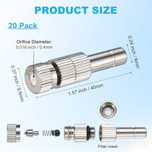 M METERXITY 20-Pack Brass Misting Nozzles, 0.016"/0.4mm Orifice Mister Replacement Heads with Filter Mesh for Cooling System/Landscaping/Humidification, 6mm Low-Pressure Fog Sprayer Nozzle - Image 3