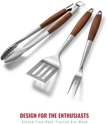 Heavy-Duty Heat-Treated Ash Wood BBQ Grilling Tools Set | Extra-Thick Stainless Steel Spatula, Fork & Tongs | Essential Barbecue Accessories, for Grill Enthusiasts - Image 3