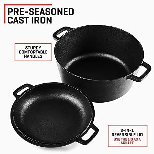 Uno Casa 2-in-1 Cast Iron Dutch Oven Large - 5 Quart Dutch Oven Pot with Lid, Pre-Seasoned Cooking Dish for Bread Baking and Stews - Heavy Duty Cast Iron Pot with Detachable Frying Pan Lid for Versatile Cooking - Image 4