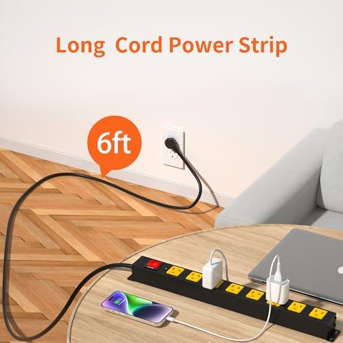 8 Outlet Long Power Strip, 2100J Surge Protector Heavy Duty 6FT Cord Wide Spaced and Wall Mount Metal Powerstrip for Home Office Garage Workshop - Image 5