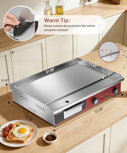 22" Commercial Electric Griddle 1500W, Flat Top Grill with 5-Min Reminder Timer, Adjustable Temp Control (122°F-572°F), Stainless Steel Countertop Griddle for Restaurant & Home Kitchen - Image 5