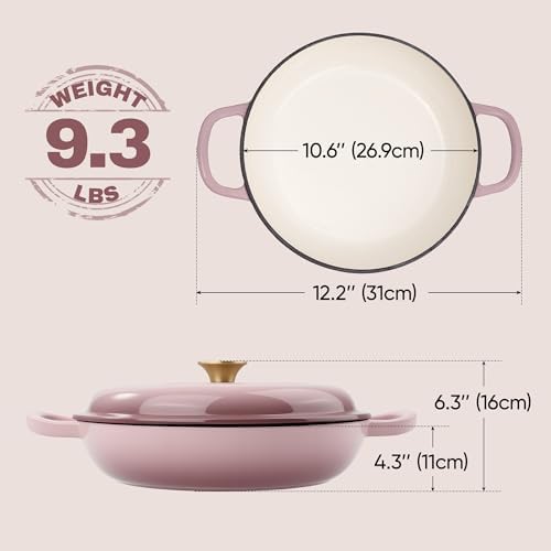 3 Quart Enameled Cast Iron Braiser, Non Stick Enameled Cast Iron Skillet with Lid, Dutch Oven Skillet with lid up to 500°F for Oven, Stove, Grill, Shallow Dutch Oven for Cook, Bake (Pink) - Image 2