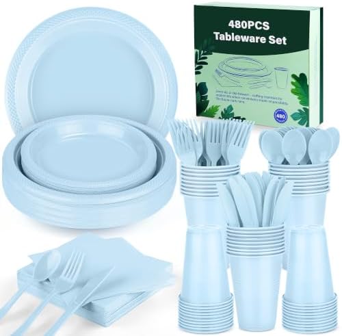 Kochorie 480 Pieces Light Blue Plastic Dinnerware Set Disposable Heavy Duty Plates Napkins Cups Silverware Dessert Dinner Plates for Birthday Wedding Baby Shower Party Supplies, Serves 60 Guests - Image 4