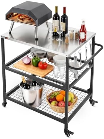 VEVOR Outdoor Grill Cart, 31.5 x 24.0 inch Stainless Steel Tabletop Size Grilling Table, Outdoor Cooking Table with 4 Wheels & Side Handle, Two Mesh Shelves, BBQ Prep Tables for Patio, Garden by VEVOR