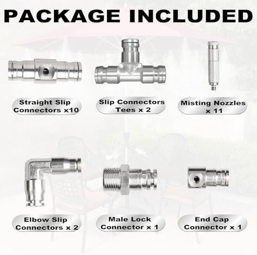 Brass Patio Misting Kit – 11pcs Brass Micro-Nozzles & 16pcs 1/4″ Slip Connectors for Outdoor Cooling (UNC 10/24, 0.012″ Precision Orifice, 15-280 psi) - Image 4