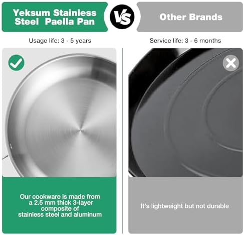 Yeksum Tri-Ply Stainless Steel Paella Pan, 14.5 inch Large Skillet,12 Servings 18/10 Large Paella pan with Lid,Jumbo Cooker,Perfect for Outdoors, Camping, Parties - Image 4