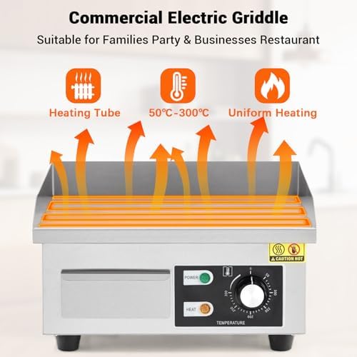 Commercial Electric Griddle 14 Inch, 110V 1500W Stainless Steel Flat Top Grill with Adjustable Temp Control 122°F-572°F, Includes Spatula & Scraper for Restaurant, Home, Outdoor Use - Image 5