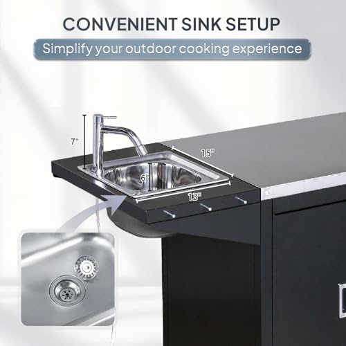ROVSUN Outdoor Grill Cart with Sink, 304 Stainless Steel Sink with Chilly Bin Cooler, Rolling Kitchen Prep Island with Cabinet, Bottle Opener, Rubbish Rack, Patio, Gardens, Backyards - Image 3