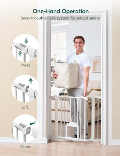 Babelio Dog Gate with Adjustable Cat Door, CatPrivilege III, 29-43", White - Image 6