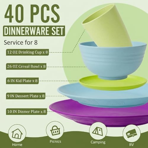 Kitchen Wheat Straw Dinnerware Set | Service for 8 | Unbreakable Dinnerware Set Plates and Bowls Sets Dinner Plates Dessert Plate Drinking Glasses Cereal Bowls Kitchen Dishes Sets - Memphis - Image 2