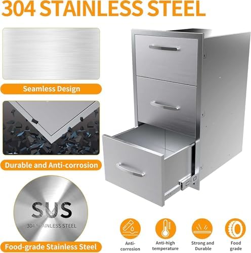 Pull Out Trash Drawer, Lower Sliding Rails Stainless Steel Roll Out Trash Bin Pull Out Tray With Handle For Outdoor Kitchen BBQ Island Grill Station,Three Drawers - Image 4