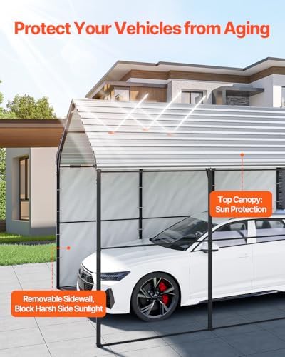 VEVOR Heavy Duty Metal Carport, 10' x 15' Outdoor Carport with Galvanized Steel Frame & Roof, Car Tent Garage Shade with Removable Sidewalls, Multi-Use Car Shelter for Pickup, Boat, Car & Tractors - Image 3