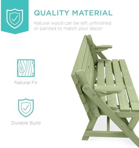 Best Choice Products 2-in-1 Transforming Interchangeable Outdoor Wooden Picnic Table Garden Bench for Backyard, Porch, Patio, Deck w/Umbrella Hole - Sage Green - Image 3