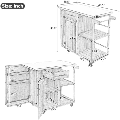 Outdoor Kitchen Island Cart with Stainless Steel Top, Rolling Grill Table with Storage Cabinet Drawer Shelves and Towel Rack, Wooden BBQ Prep Station with Lockable Wheels for Patio Backyard, Grey - Image 2