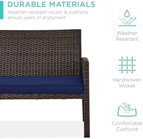 Best Choice Products 4-Piece Outdoor Wicker Patio Conversation Furniture Set for Backyard w/Coffee Table, Seat Cushions - Brown/Navy - Image 3