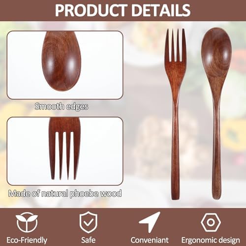 cobee Wooden Spoon and Fork for Eating,8Pcs Wood Dinner Utensil Set Handmade Reusable Kitchen Wooden Flatware Tableware Cutlery Set for Stirring Cooking Camping Party 9 Inch - Image 2
