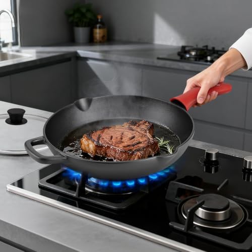 12 Inch Cast Iron Skillet with Glass Lid, Pre-Seasoned Frying Pan - Image 5