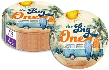 The Big One Surfer First Birthday - 32 Piece Disposable Party Supplies - Decorations for Surfing 1st Birthday Round Party Plates - Large 9" Paper Plates In Bulk by BirthdayGalore