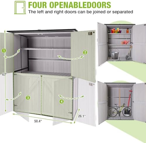 GUTINNEEN Outdoor Storage Cabinet Durable Metal Frame and Solid Wood Vertical Tool Shed with 3 Adjustable Height Shelves and Bottom Floor for Patio, Garden, Backyard, 55" L x 29" W x 67" H - Image 6