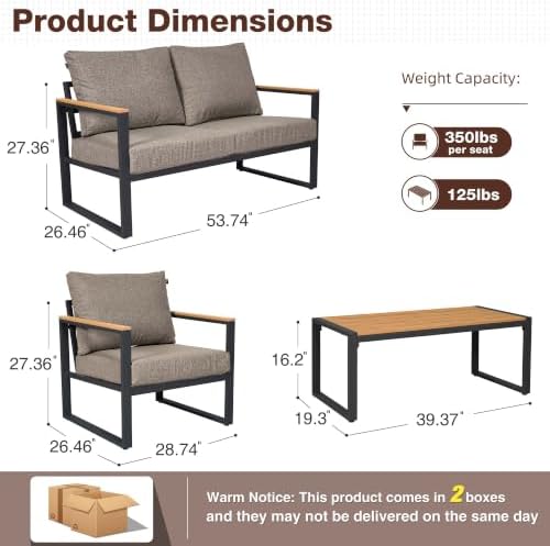 4 Pieces Metal Patio Furniture Set for Outdoor Balcony, Coffee - Image 2