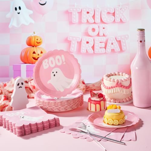 Roshtia 120 Pcs Pink Ghost Halloween Plates and Napkins Set - Image 4