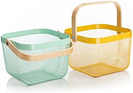 Mesh Steel Storage Organizer Basket Fruit Basket Bin with Wood Handle Ideal for Kitchen Bathroom Picnic Baskets Pantry Cabinets Storage Home Decor (Nebula Green) - Image 4