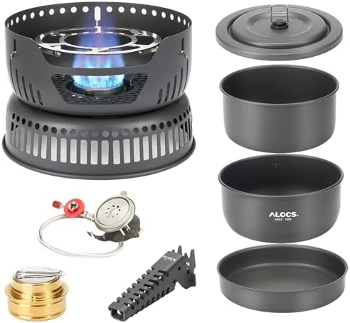 ALOCS 11pc Lightweight Camping Cookware Set with Gas and Alcohol Stove by Alocs